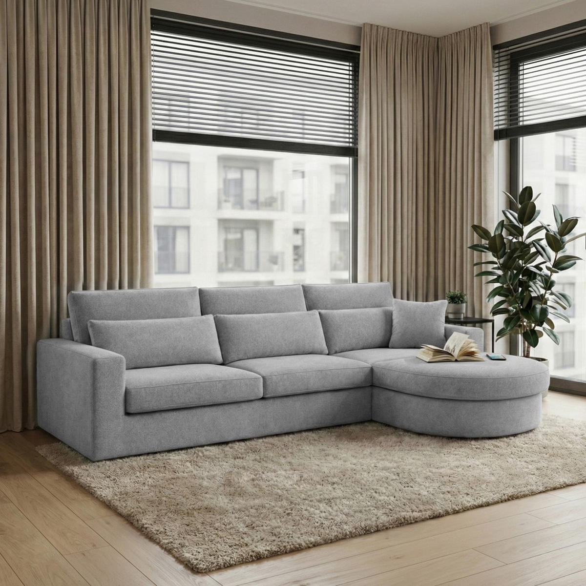 ECKSOFA Pablo ohne Schlaffunktion, mit abgerundeter Ottomane, rechts, Hellgrau, Velourstoff - Grau, Textil (319/196cm) - Beautysofa