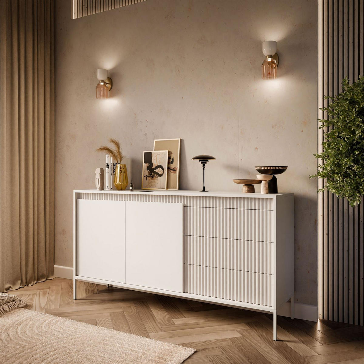 SIDEBOARD YASUMI 153 2D3S mit Schubladen beige - Beige, Holzwerkstoff (153.5/81.4/39.4cm) - Lookway