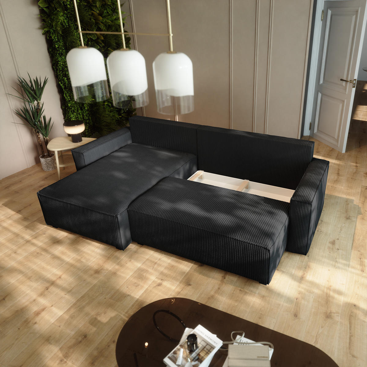 ECKSOFA BESMIR Schwarz Kordstoff mit Schlaffunktion - Schwarz, Holz (275/148cm) - MASSENO