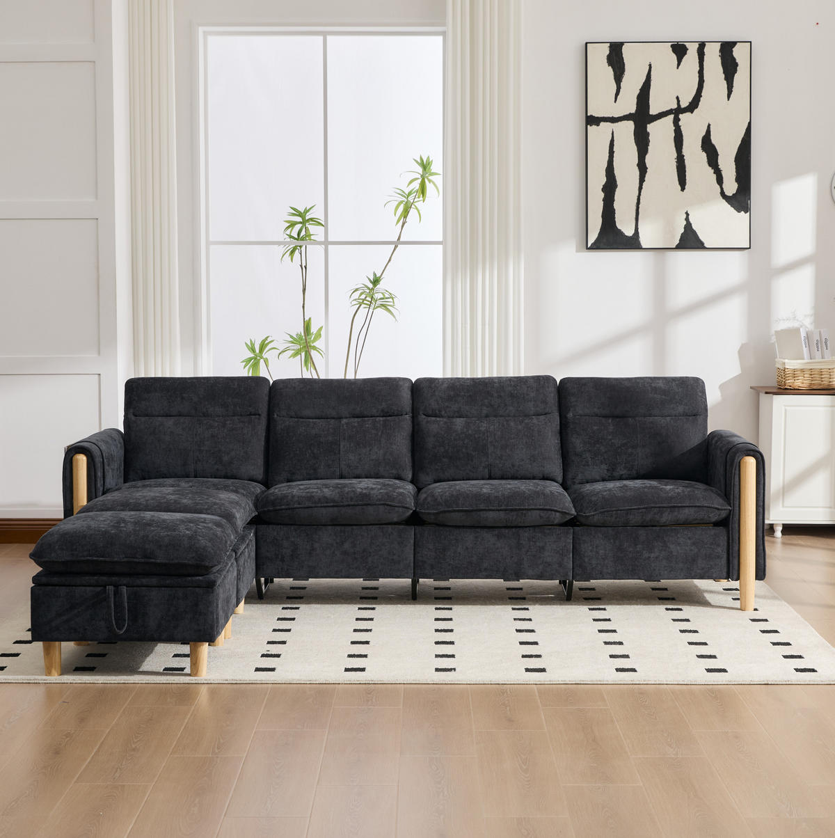 SOFA modular mit 2 Hockern und Stauraum 261 cm Chenille Schwarz - Schwarz, Holz (77/86/261cm) - Meubliv