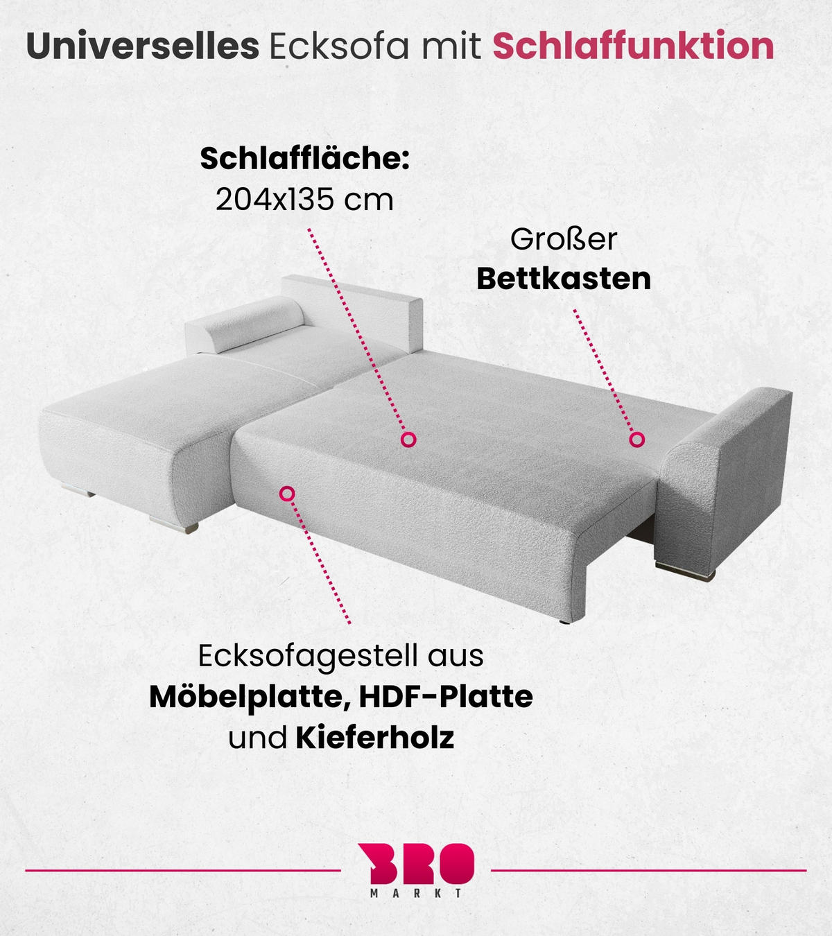 ECKSOFA Sydney mit Schlaffunktion Weiß Boucle - Ecru/Weiß, Textil (280/184cm) - Bromarkt