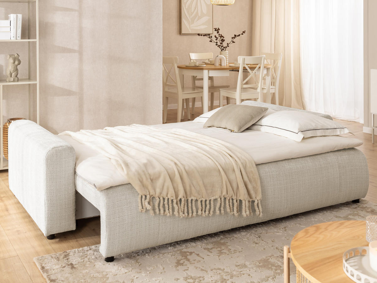 SCHLAFSOFA Calma mit Bettkasten im Bumpy-Design aus weichem Beige Chenille-Stoff - Beige/Schwarz, Holz/Kunststoff (239/88/98cm) - S-Style Möbel