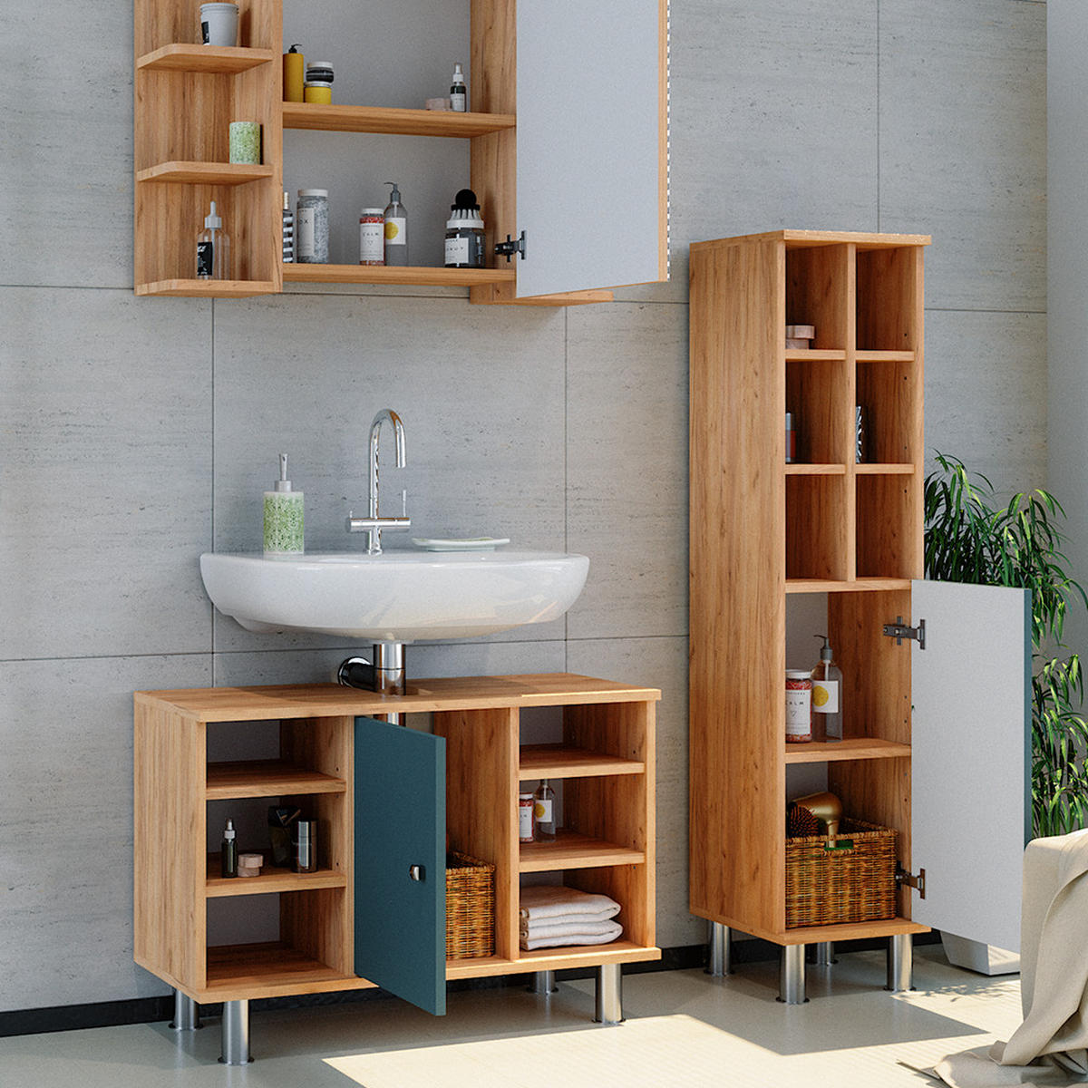 BADMÖBEL-SET Fynn Grün 3 Teile, mit Midischrank Tür groß - Honigeiche/Grün, Holzwerkstoff (60/54/32cm) - Vicco