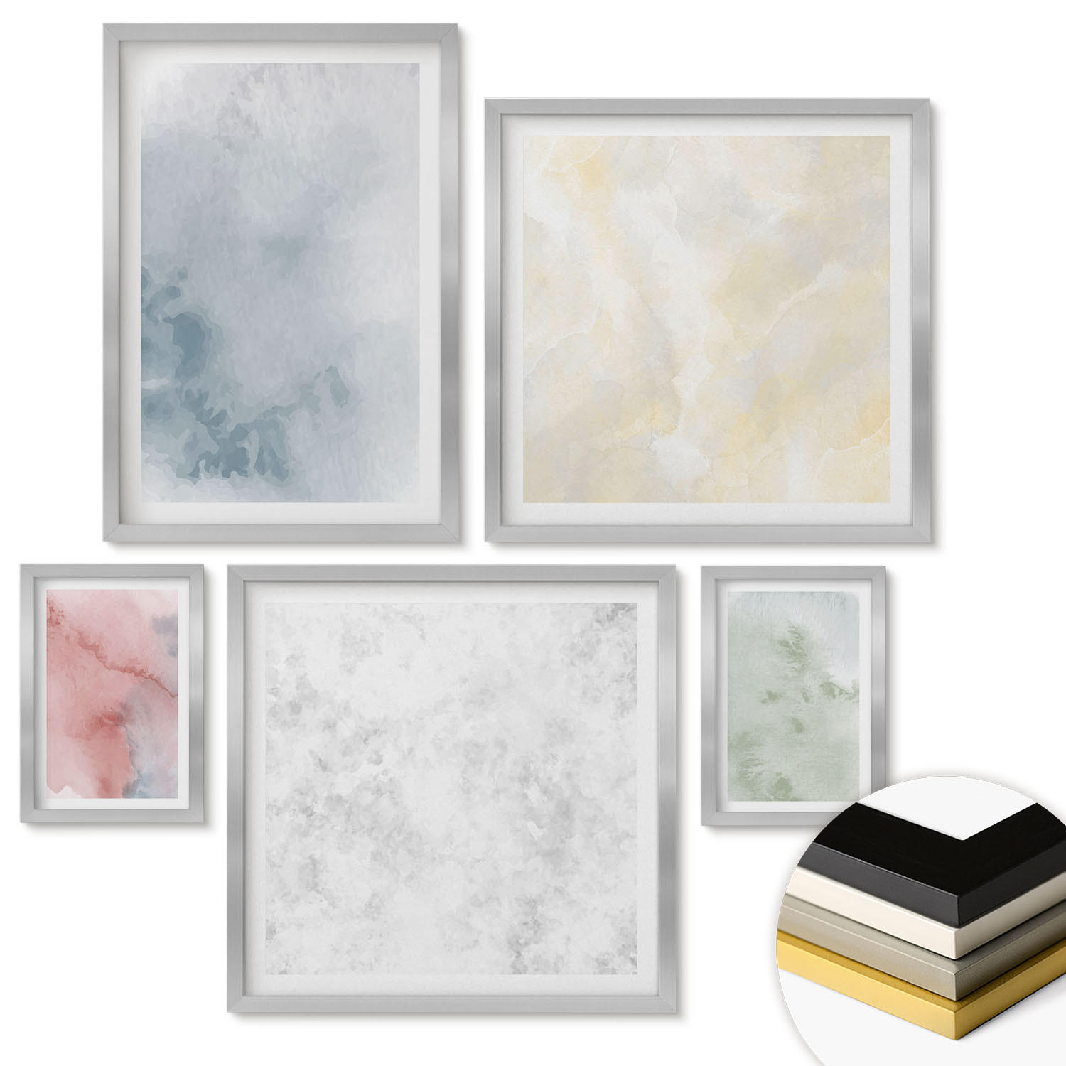 WANDBILDER 5er Set - 50x50 cm & 20x30 cm & 40x60 cm Silberner Rahmen - Aquarellfarben in Pastellfarben - Silberfarben, Kunststoff (40/60cm) - ArtPrintCave