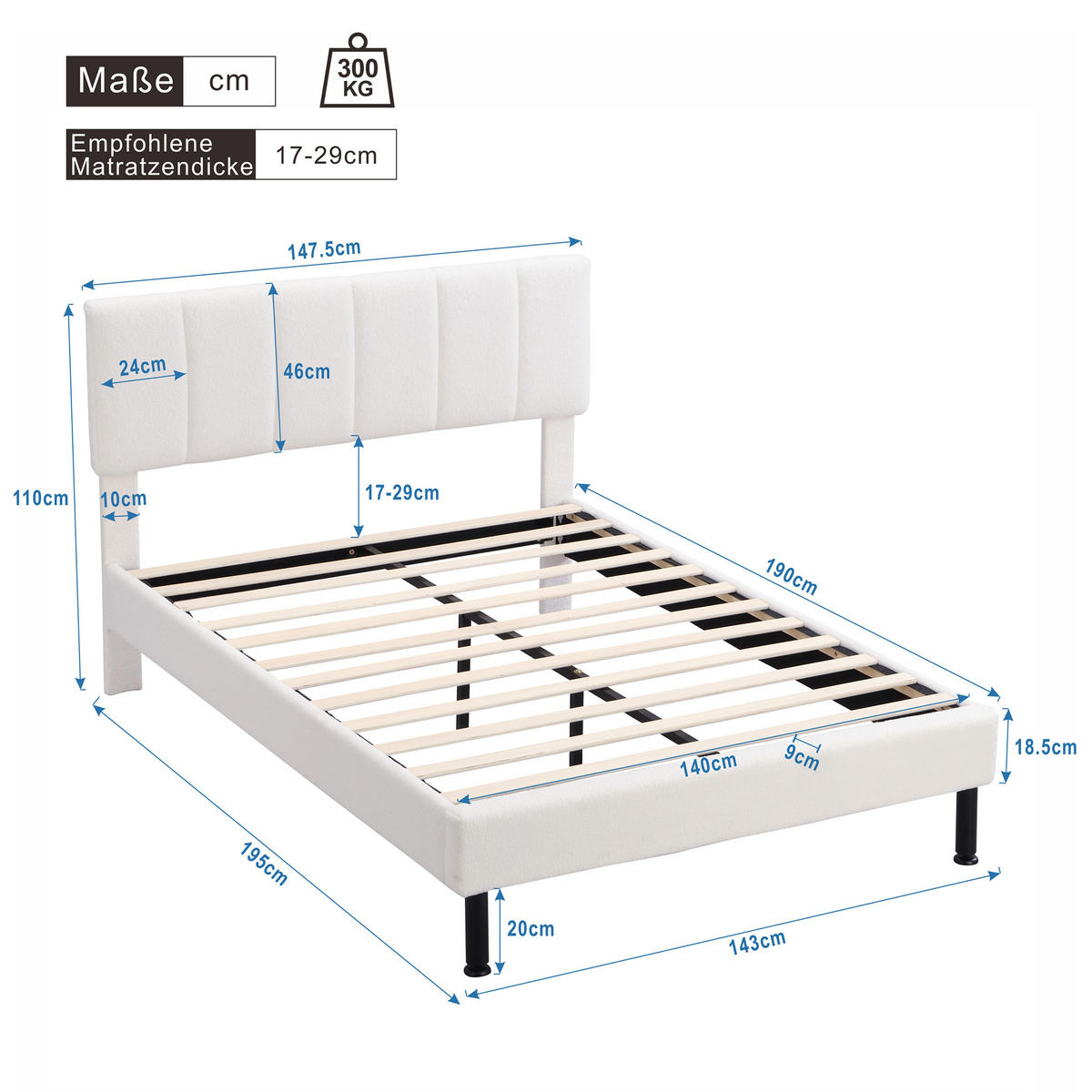 POLSTERBETT 140x190 Lattenrost Eisenfüße Sherpa Stoff Beige - Beige, Textil (140/190cm) - FLIEKS