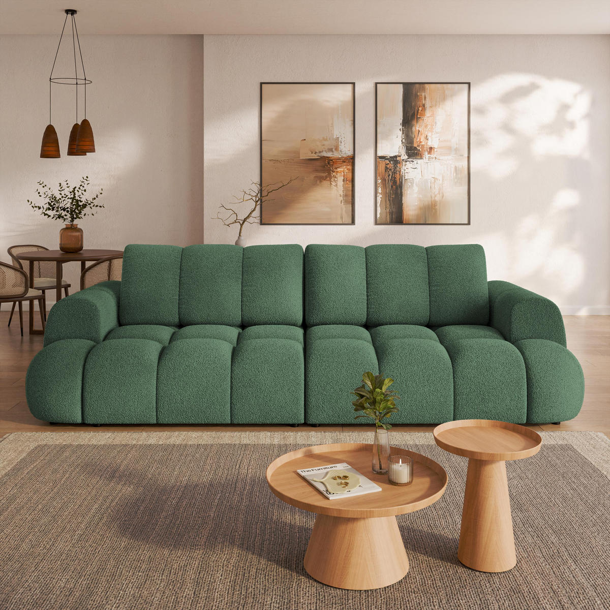 BETTSOFA DAFNE Grün Bucle-Stoff mit Schlaffunktion - Grün, Textil (300/88/113cm) - MASSENO
