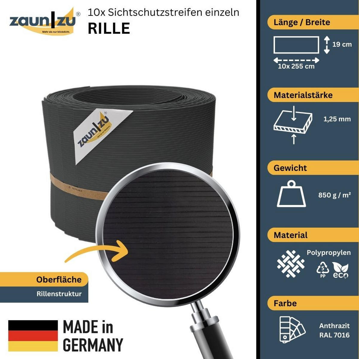 SICHTSCHUTZSTREIFEN Rille 10x Einzelstreifen 2,55m Sichtschutz Anthrazit, 10 x 2,55m - Anthrazit, Kunststoff (2550/19cm) - ZAUN|ZU