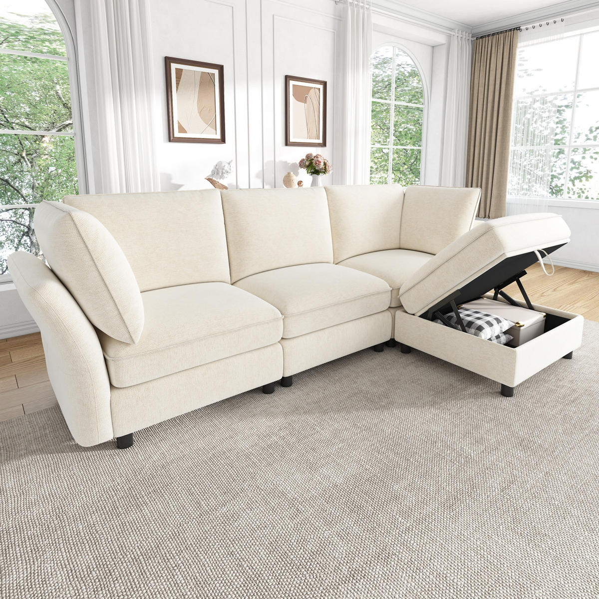 ECKSOFA 225/137/84 cm Beige mit Stauraum‑Hocker - Beige, Textil (225/137cm) - Oxeza