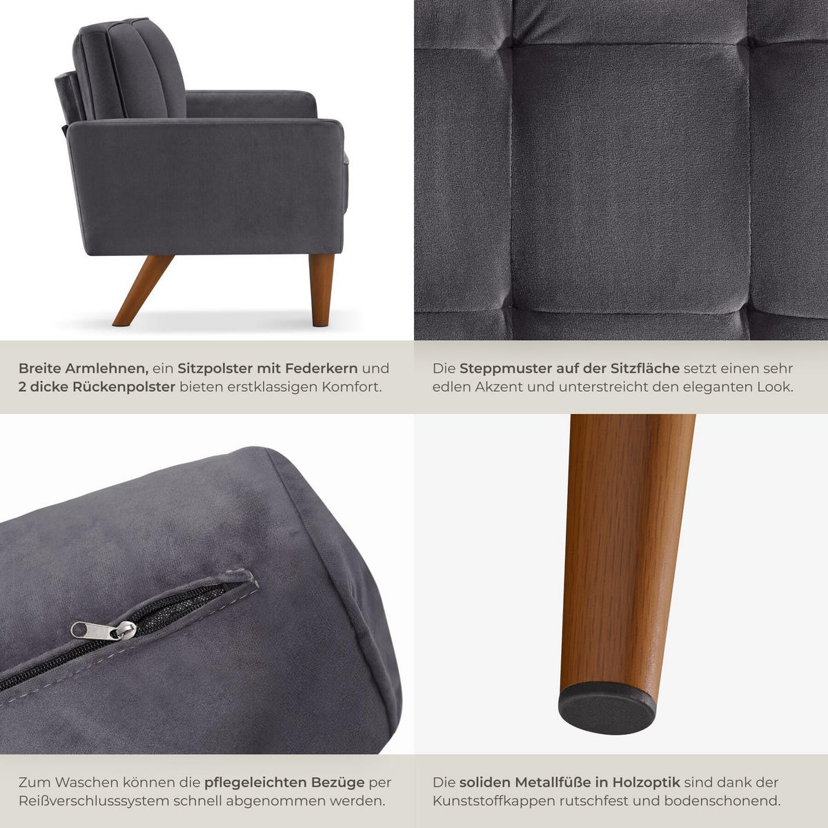 SOFA Skagen, 135 x 76 x 85 cm, Samtoptik grau - Braun/Grau, Kunststoff/Textil (135/85/76cm) - tectake