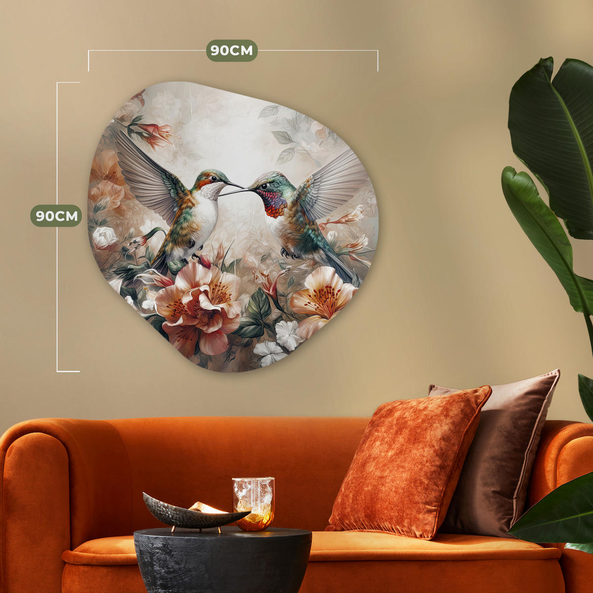 WANDBILD Kolibri - Vögel - Blumen - Natur 90x90 cm - Altrosa, Kunststoff (90/90cm) - MuchoWow