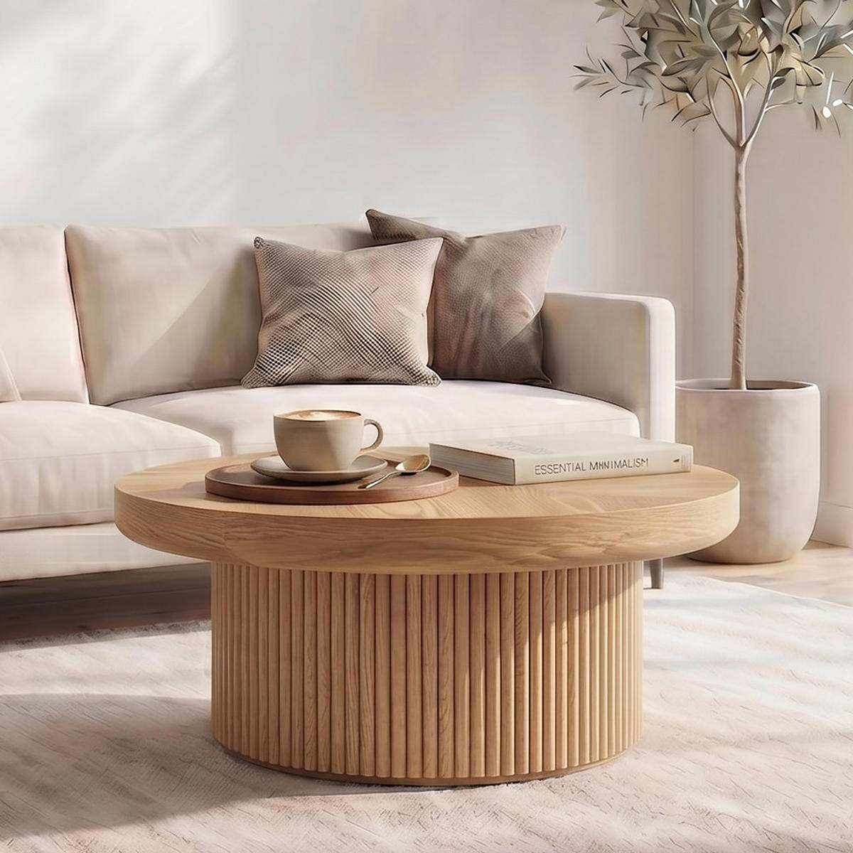 COUCHTISCH rund 78 cm mit Fischgrät-Furnier und zylindrischem Sockel, Mid-Century Beistelltisch in Naturholz-Optik - Eukalyptusholzfarben, Holzwerkstoff (78/78/38.5cm)