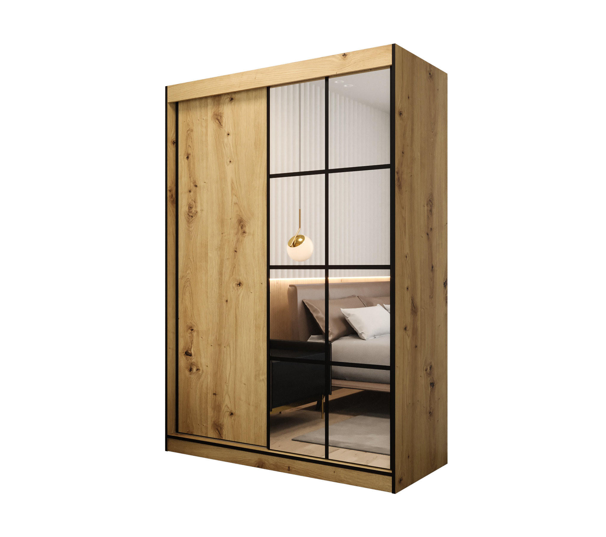 SCHIEBETÜRENSCHRANK MODENA 2 150, 2-türig Kleiderschrank mit 1 Spiegel, Moderne Garderobe, Schrank in Größe: 150 x 216 x 65 cm - Schwarz/Braun, Holzwerkstoff (150/216/65cm) - O-Sofa