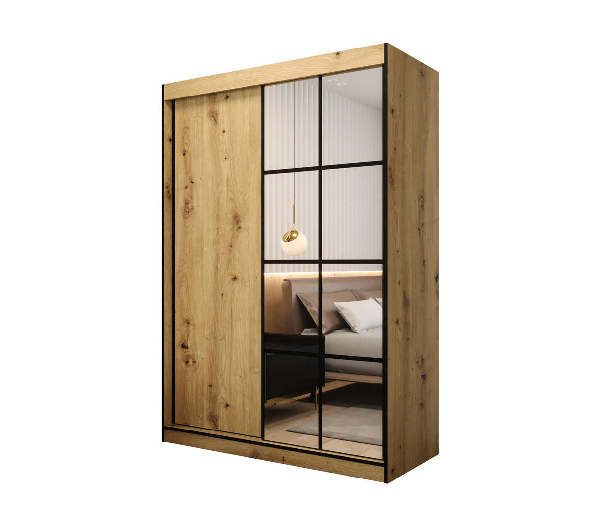 SCHIEBETÜRENSCHRANK MODENA 2 150, 2-türig Kleiderschrank mit 1 Spiegel, Moderne Garderobe, Schrank in Größe: 150 x 216 x 65 cm - Schwarz/Braun, Holzwerkstoff (150/216/65cm) - O-Sofa