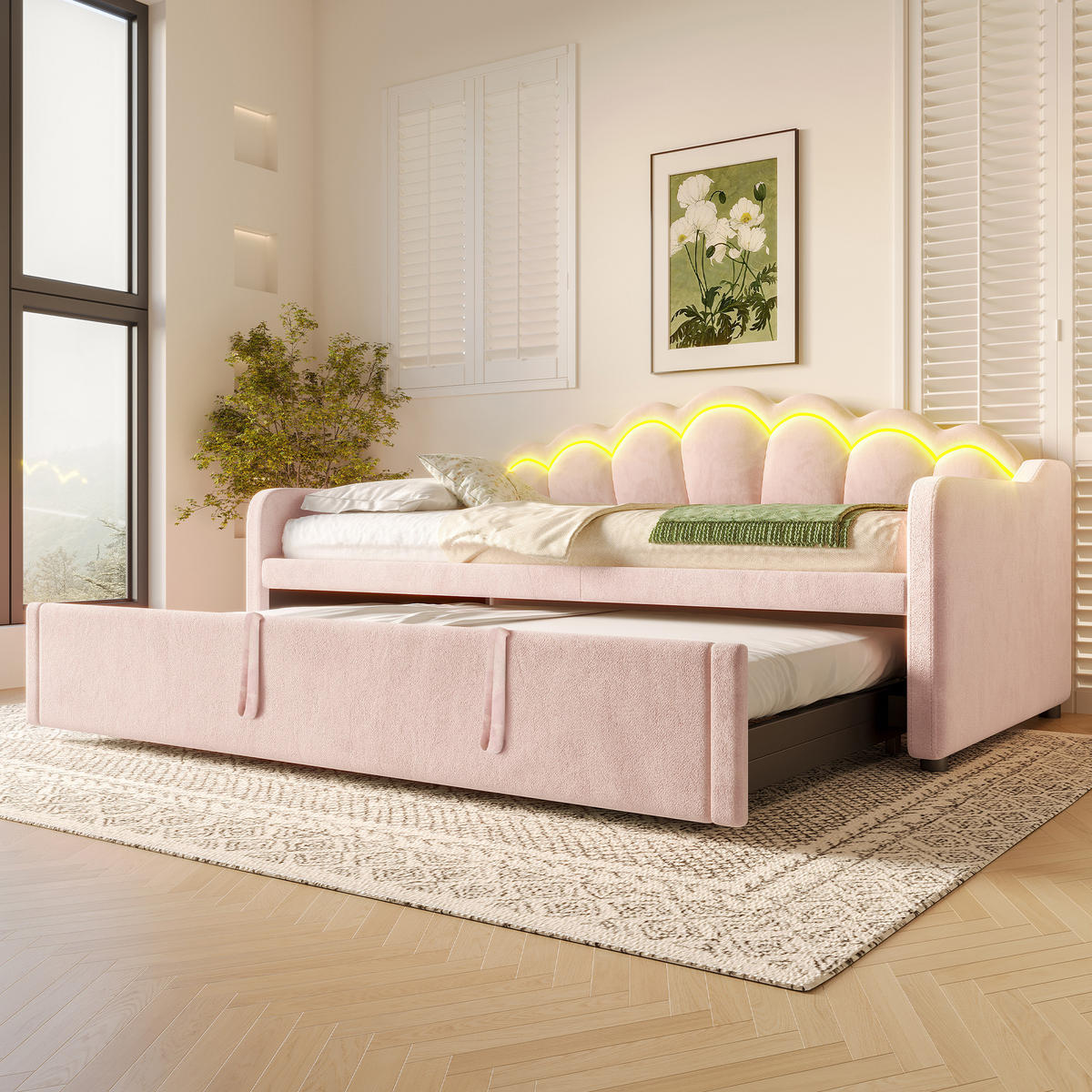 SCHLAFSOFA 90/200 cm & 90/200 cm in Rosa Samt mit Ausziehbett und LED - Rosa, Holzwerkstoff/Textil (90/200cm) - WISHDOR