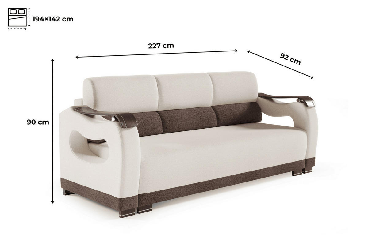 SCHLAFSOFA - Bettsofa Muscari II - Creme + Braun (Element 17 + Element 5) - Creme, Holz (227/90/92cm) - Möblo