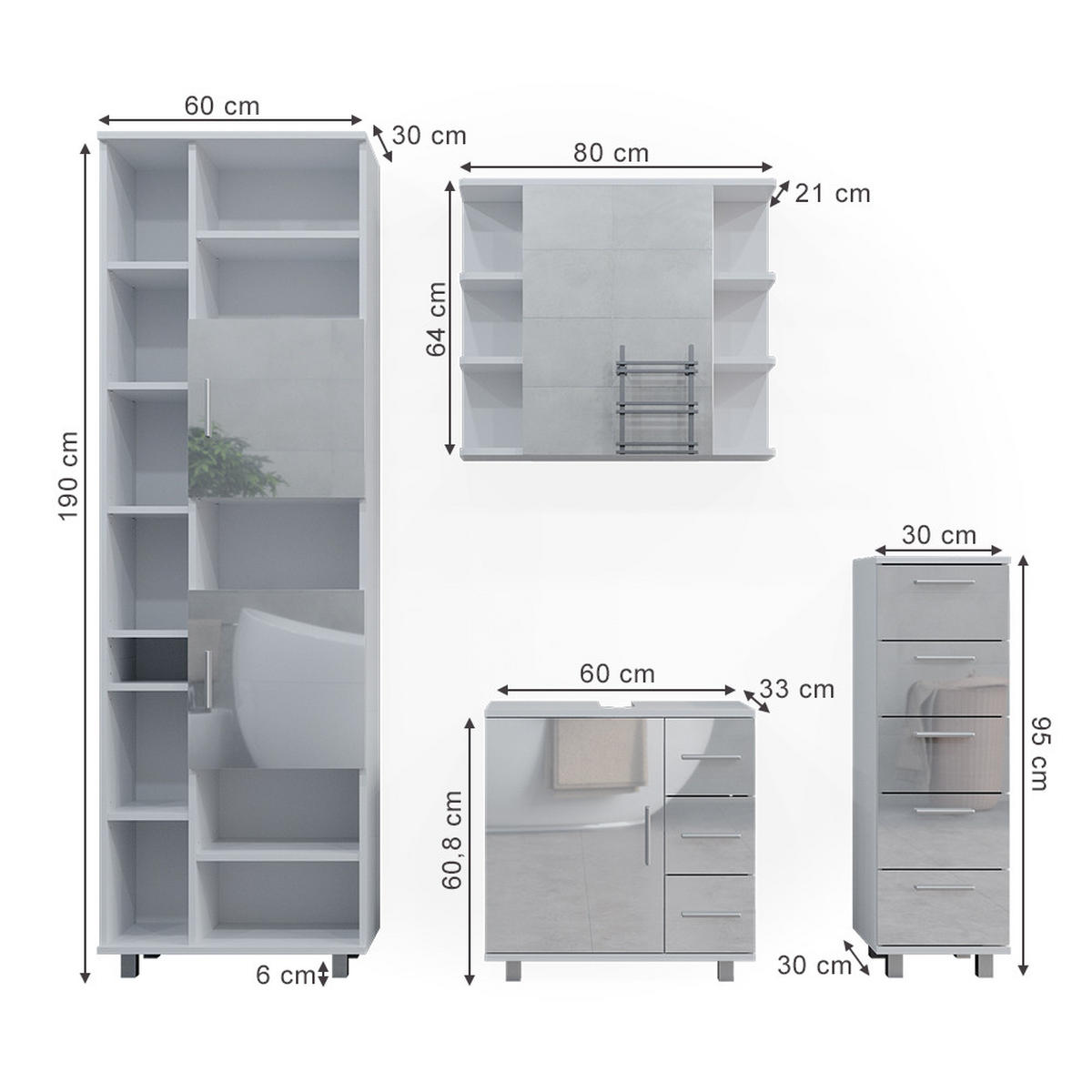 BADMÖBEL-SET Ilias Weiß Hochglanz 4 Teile - Weiß Hochglanz/Weiß, Holzwerkstoff (60/60/33cm) - Vicco