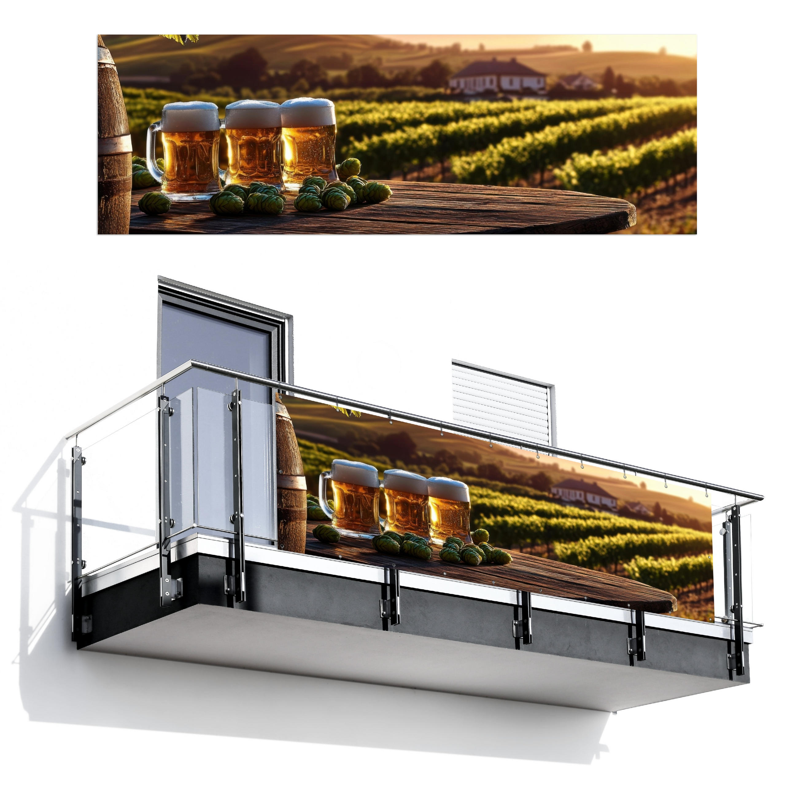 BALKON-SICHTSCHUTZ Bier - Hopfen - Landschaft - Grün, Kunststoff (300/100cm) - MuchoWow