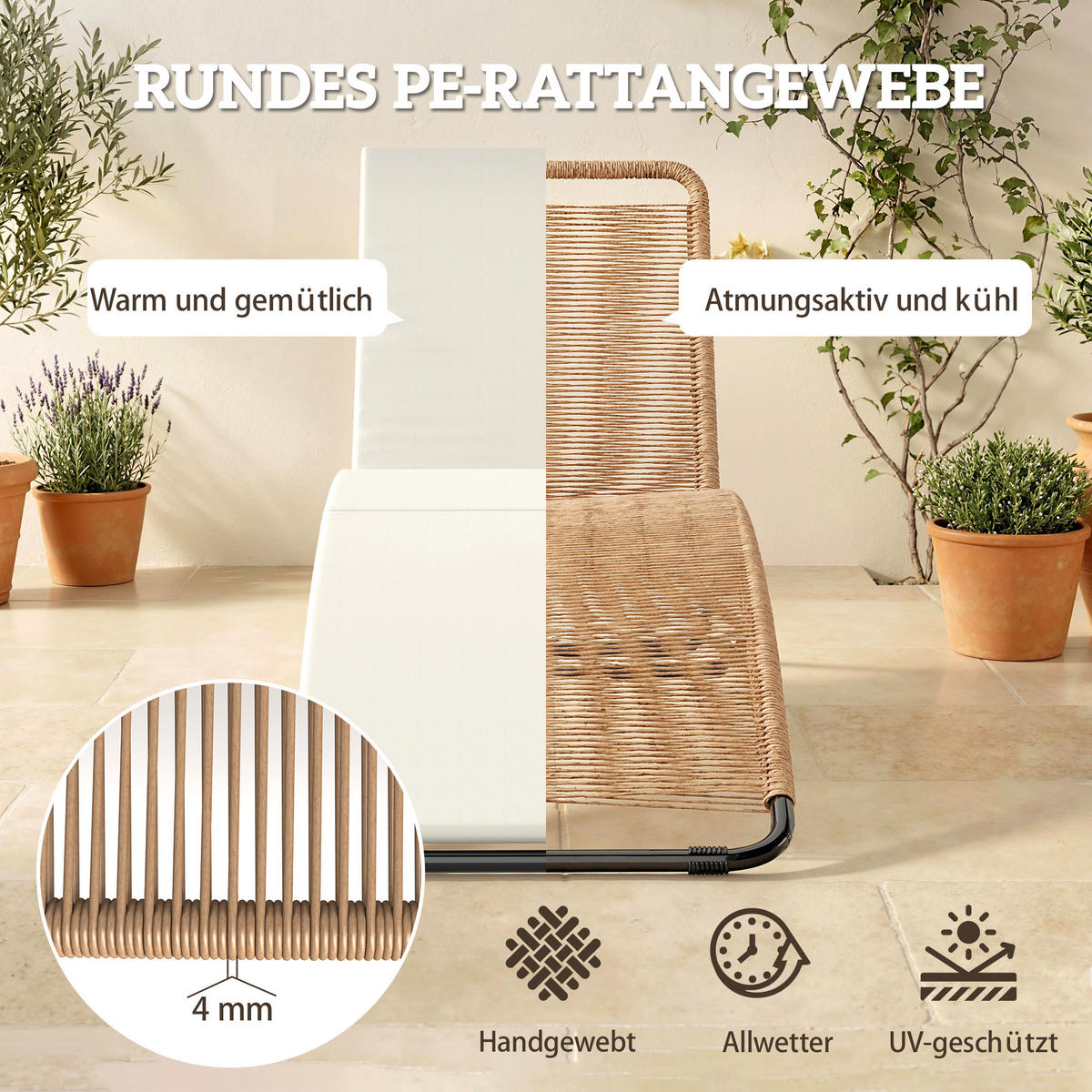 RATTAN-SONNENLIEGE Stahl PE-Rattan Cremeweiß - Creme/Schwarz, Textil/Metall (57/80/175cm) - Outsunny
