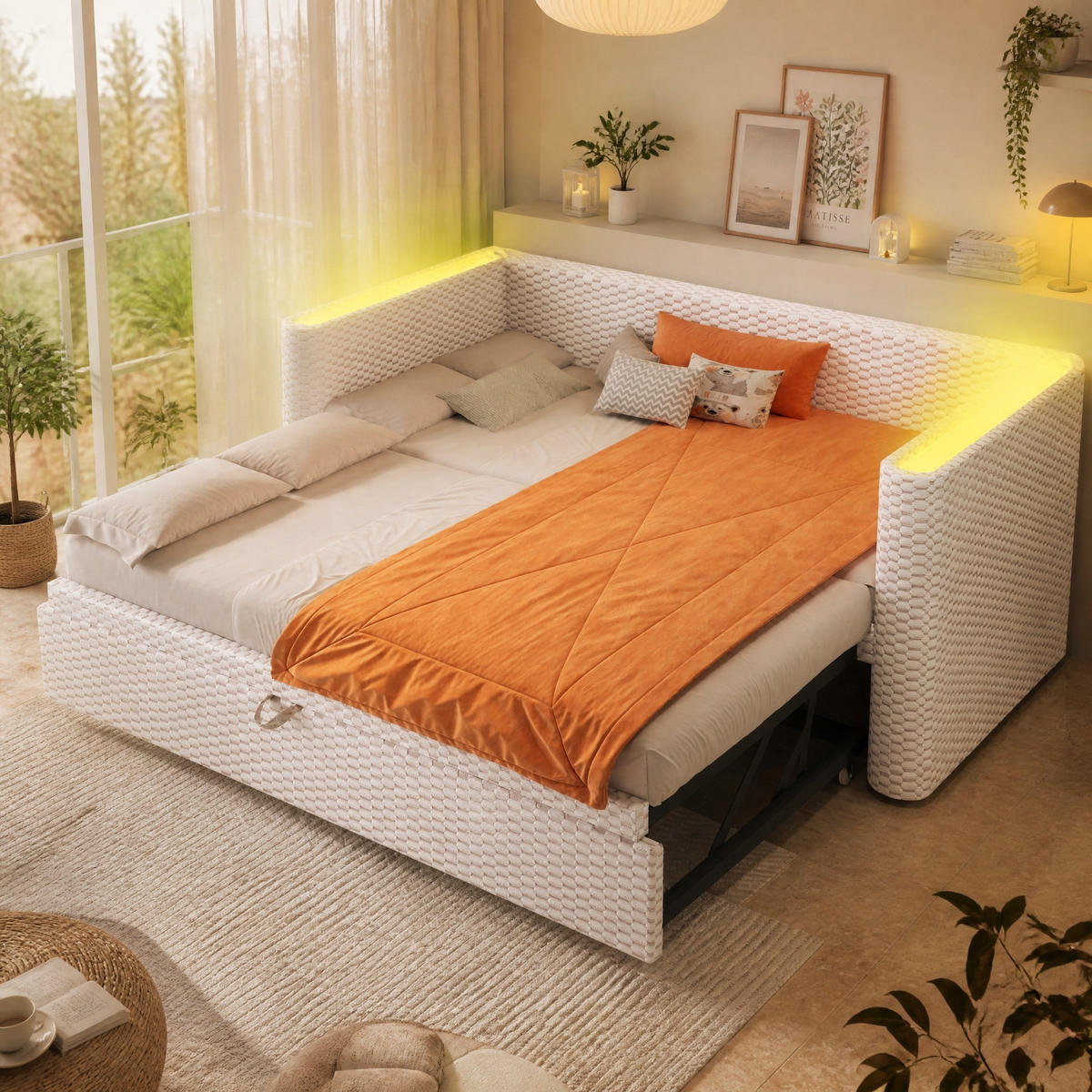 POLSTERBETT 90/200 mit Ausziehfunktion, App-gesteuerter LED und Lattenrost in Beige - Beige, Holzwerkstoff/Textil (180/200cm) - EVRYAE