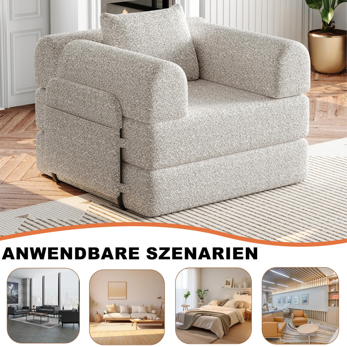 SCHLAFSOFA 2-in-1 mit Ablagefach in der Armlehne und Stahlrahmen Khaki Chenille 100/80/90 cm - Naturfarben, Textil (181.6/49.5/94cm) - OKWISH