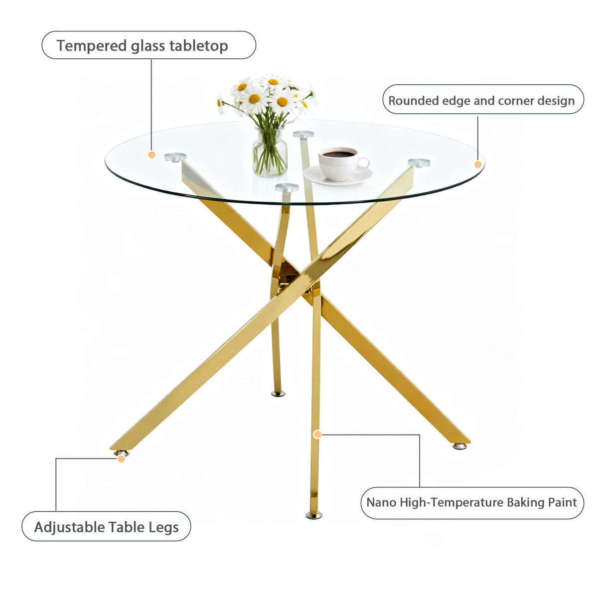 ESSTISCH 80/76/80 cm Gold aus Glas und Metall mit Kreuzfuß - Goldfarben, Metall (80/80/76cm) - OKMYHOME