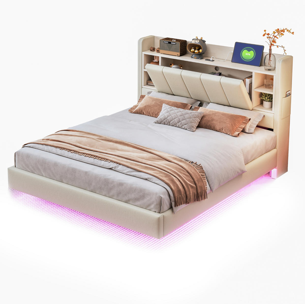 POLSTERBETT mit Stauraum, LED und USB 140x200 cm Beige - Beige, Metall (140/200cm) - Meubliv
