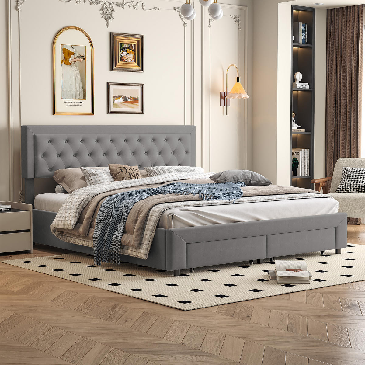 STAURABETT 160x200 Grau Samt mit Schubladen - Grau, Holzwerkstoff (160/200cm) - SHOPENTRA