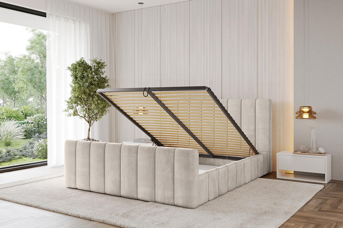 POLSTERBETT mit Bettkasten, Fußteil und Lattenrost, Boxbett mit Matratze H3/H4 - FINO-Z 180x200 Beige - Beige, Holzwerkstoff/Textil (180/200cm) - ALTDECOR
