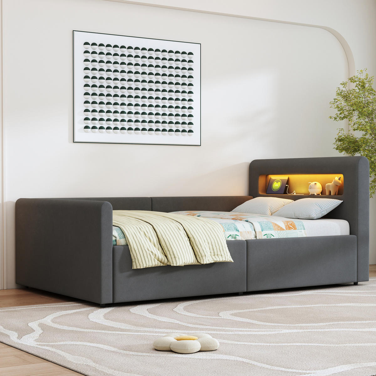 ČALOUNĚNÁ postel 90/200 cm tmavě šedá z sametu s LED osvětlením, USB a úložným prostorem - tmavě šedá, textil (90/200cm) - OKWISH