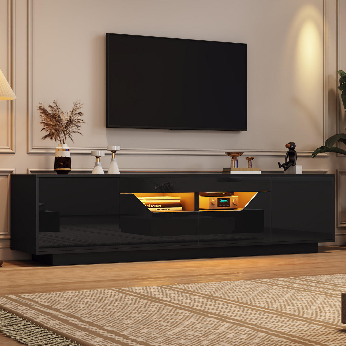 TV-LOWBOARD 180x40x45cm Schwarz mit LED, 2 Schränken - Schwarz, Holzwerkstoff (180/45/40cm) - FLIEKS