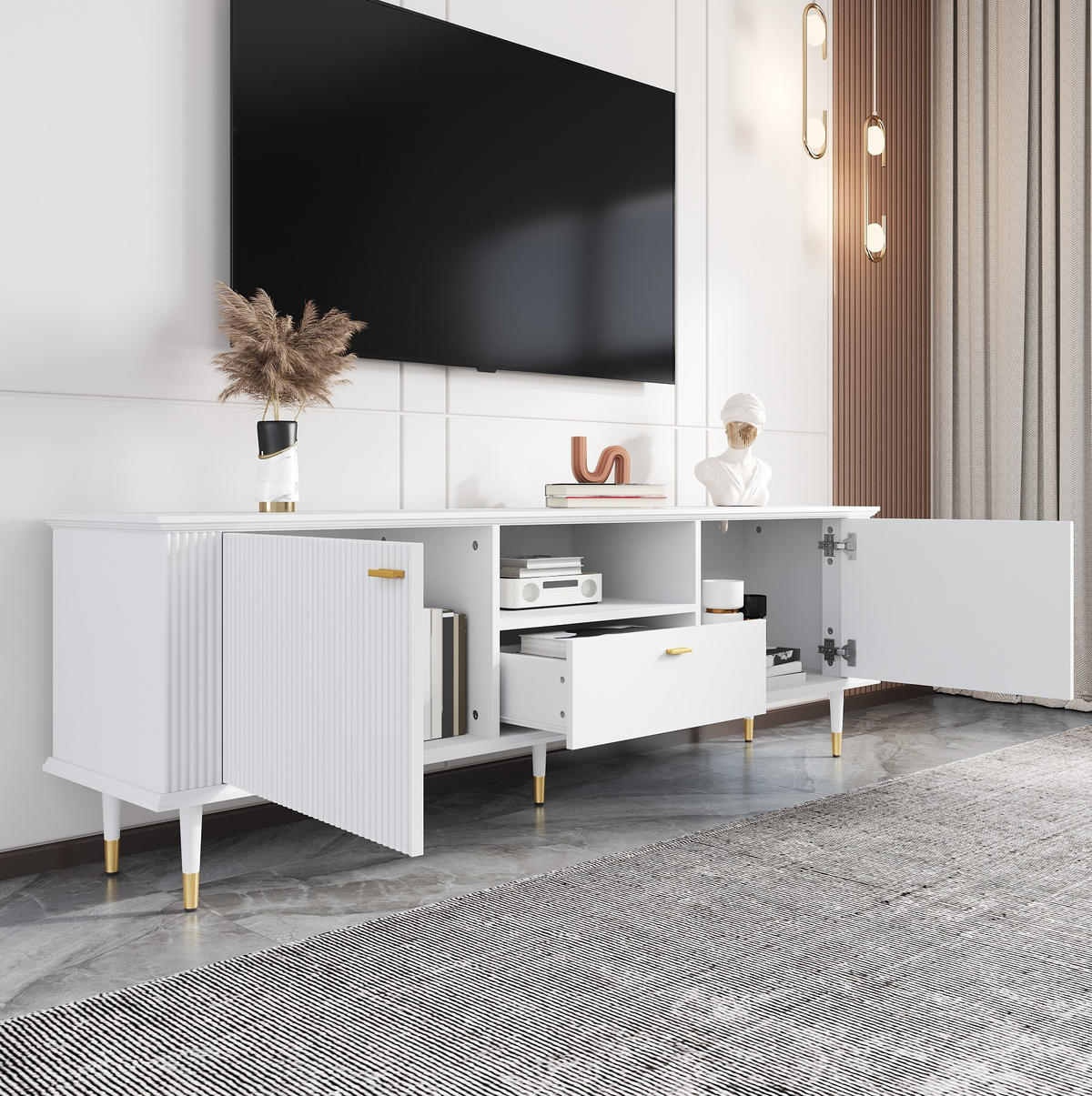 TV-SCHRANK mit 2 Türen und Schublade 170 cm MDF Weiß - Weiß, Holzwerkstoff (36/54/170cm) - Beauniv