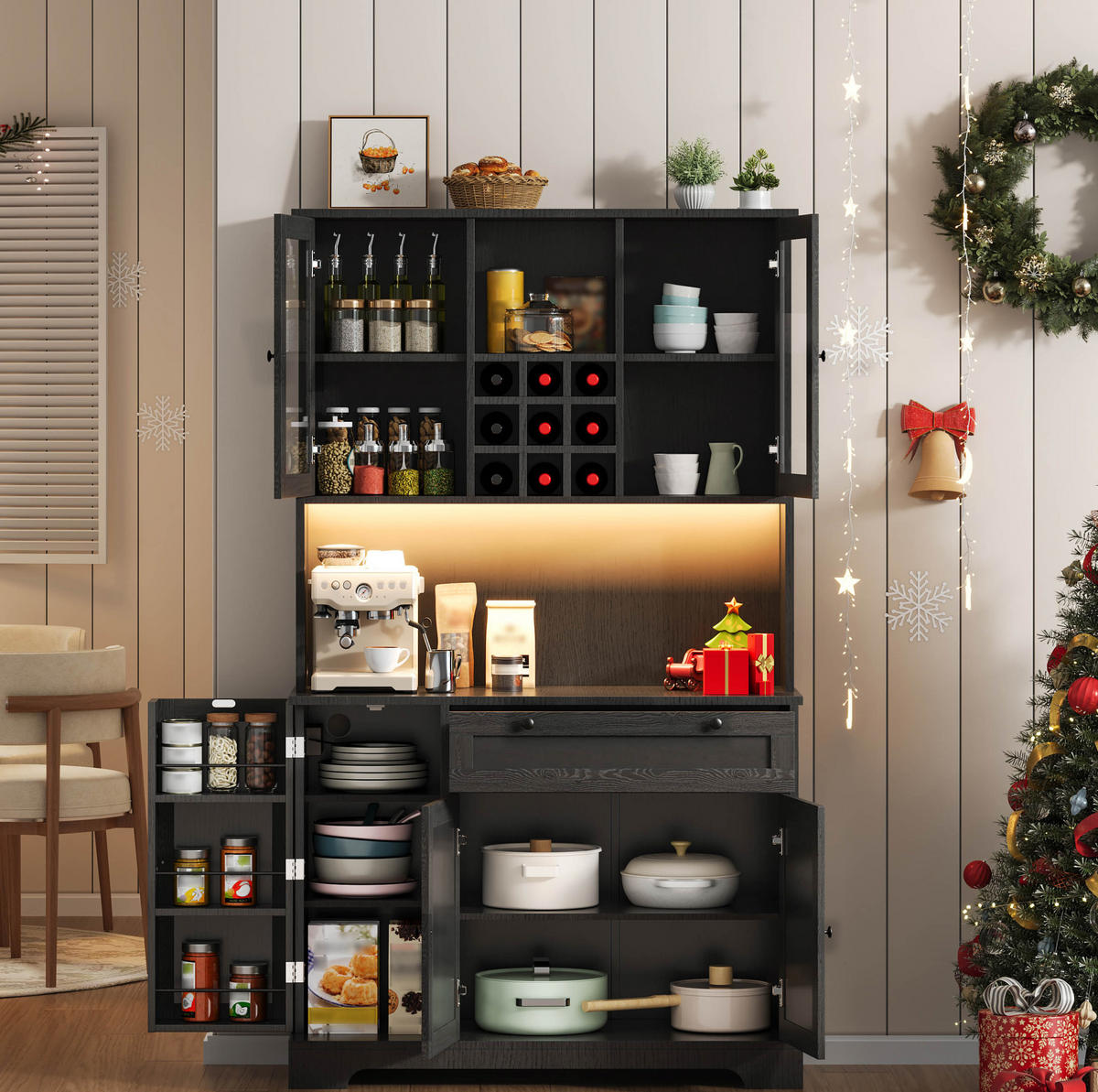 BUFFETSCHRANK aus MDF 40x105x180 cm Schwarz mit LED-Beleuchtung, Steckdosenleiste, Weinregal und verstellbaren Einlegeböden - Schwarz, Holzwerkstoff (105/180/40cm) - Modfu