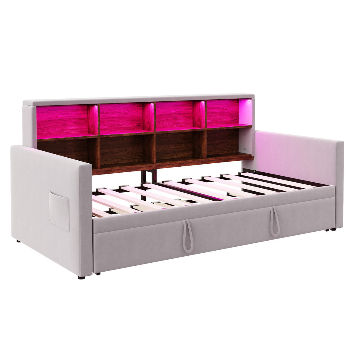 AUSZIEHBETT 90/190 cm DE-02118, in Hellgrau, mit LED, Steckdosen und Staufächern - Hellgrau, Metall (90/190cm) - ComfortXL