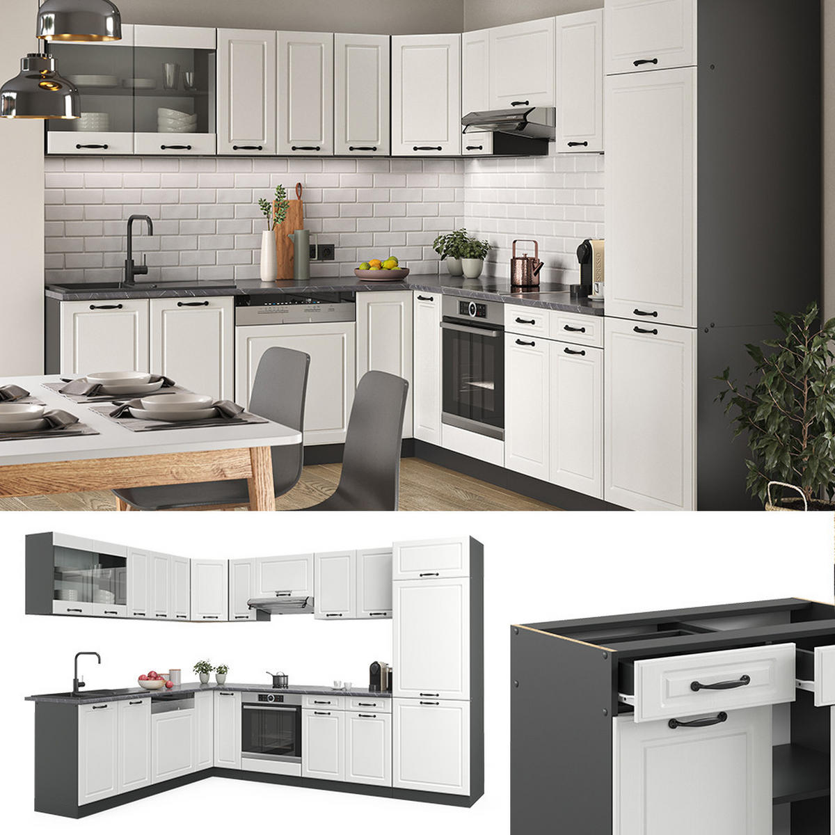 ECKKÜCHE R-Line Weiß Landhaus/Anthrazit 227 x 287 cm, AP Marmor - Anthrazit/Creme, Holzwerkstoff (287/81.6/60cm) - Vicco