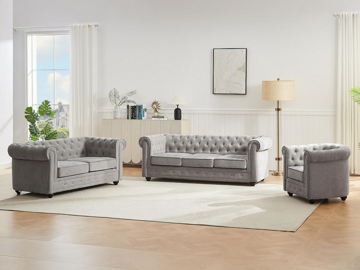 SOFA 3-Sitzer & 2-Sitzer & Sessel - Stoff - Grau - CHESTERFIELD - Grau, Textil (88/72/205cm) - Vente-Unique