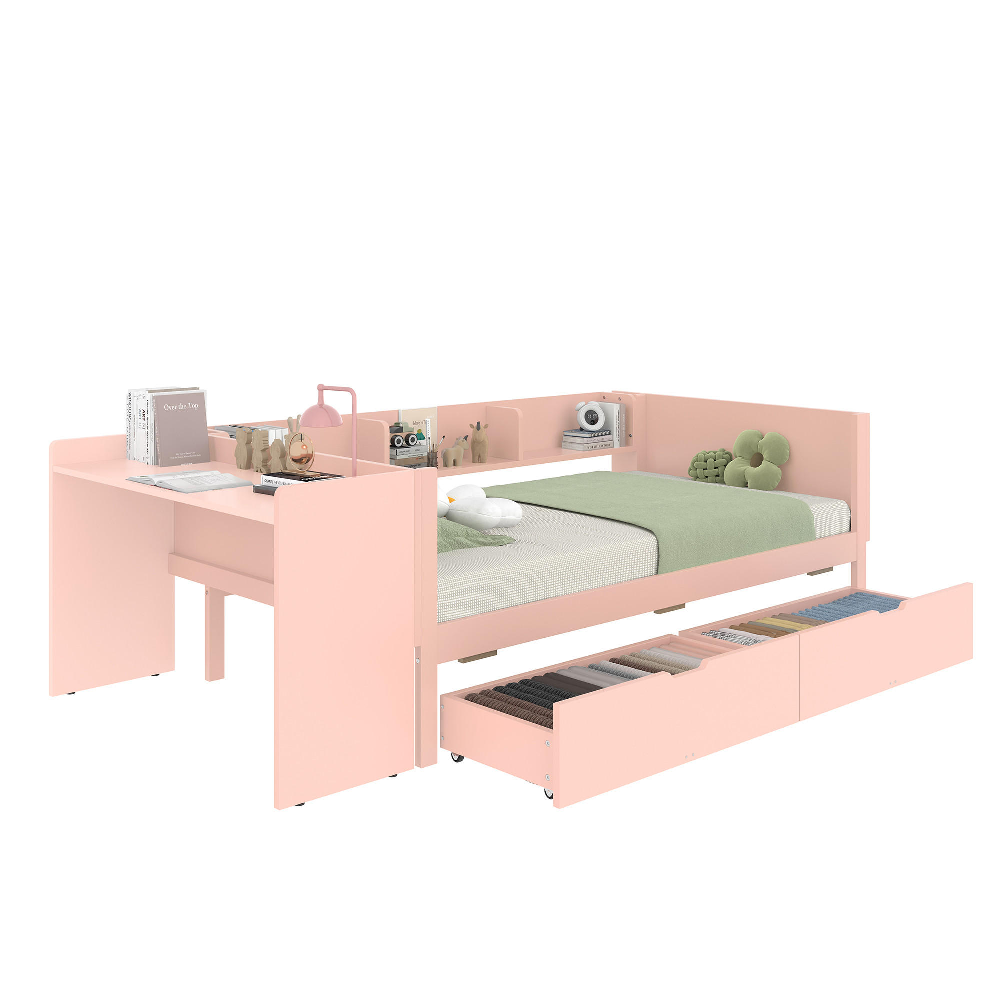 BETT 90/200 cm Rosa mit Schreibtisch und 2 Schubladen - Rosa, Holz (90/200cm) - OKWISH