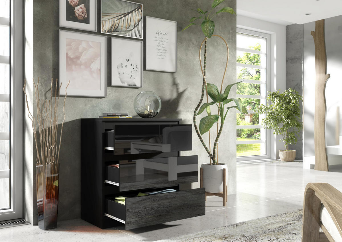 KOMMODE 70 Schwarz Hochglanz-Fronten 70x39x78,5 cm - Schwarz Hochglanz, Holzwerkstoff (70/78.5/39cm) - Mobelsta