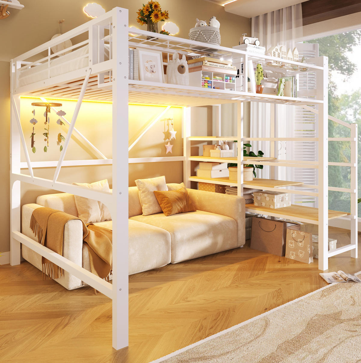 HOCHBETT 140/200 cm mit LED-Beleuchtung, Stufenregal und Aufbewahrungskorb, Weiß - Weiß, Holzwerkstoff (140/200cm) - Redom