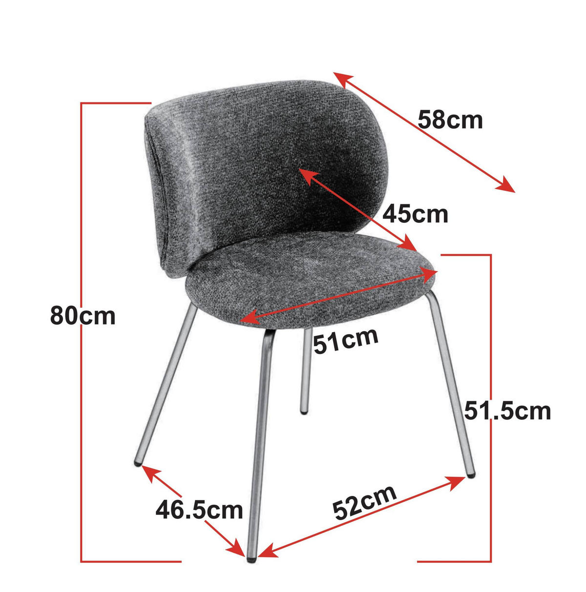 ESSZIMMERSTUHL 2er-Set Chenille Grau mit Metallbeinen - Grau, Metall (46.5/80/52.1cm) - Meubliv