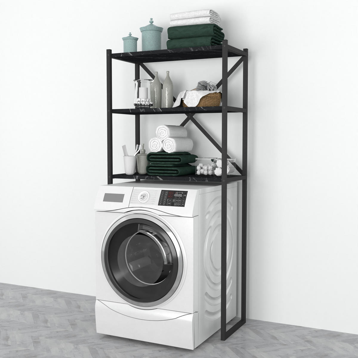 BADEZIMMERREGAL Askersund - Schwarz, Holzwerkstoff/Metall (66/160/34cm) - [en.casa]