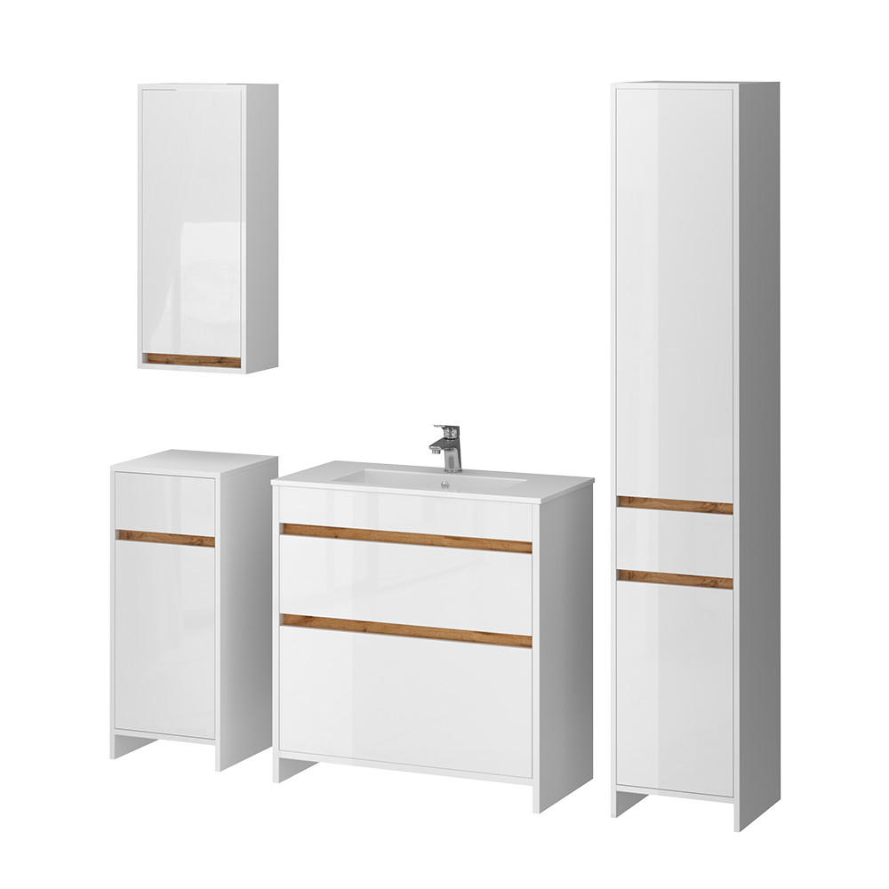 SET MOBILIER BAIE Detmold, Alb lucios ridicat/Stejar auriu, 5 piese
