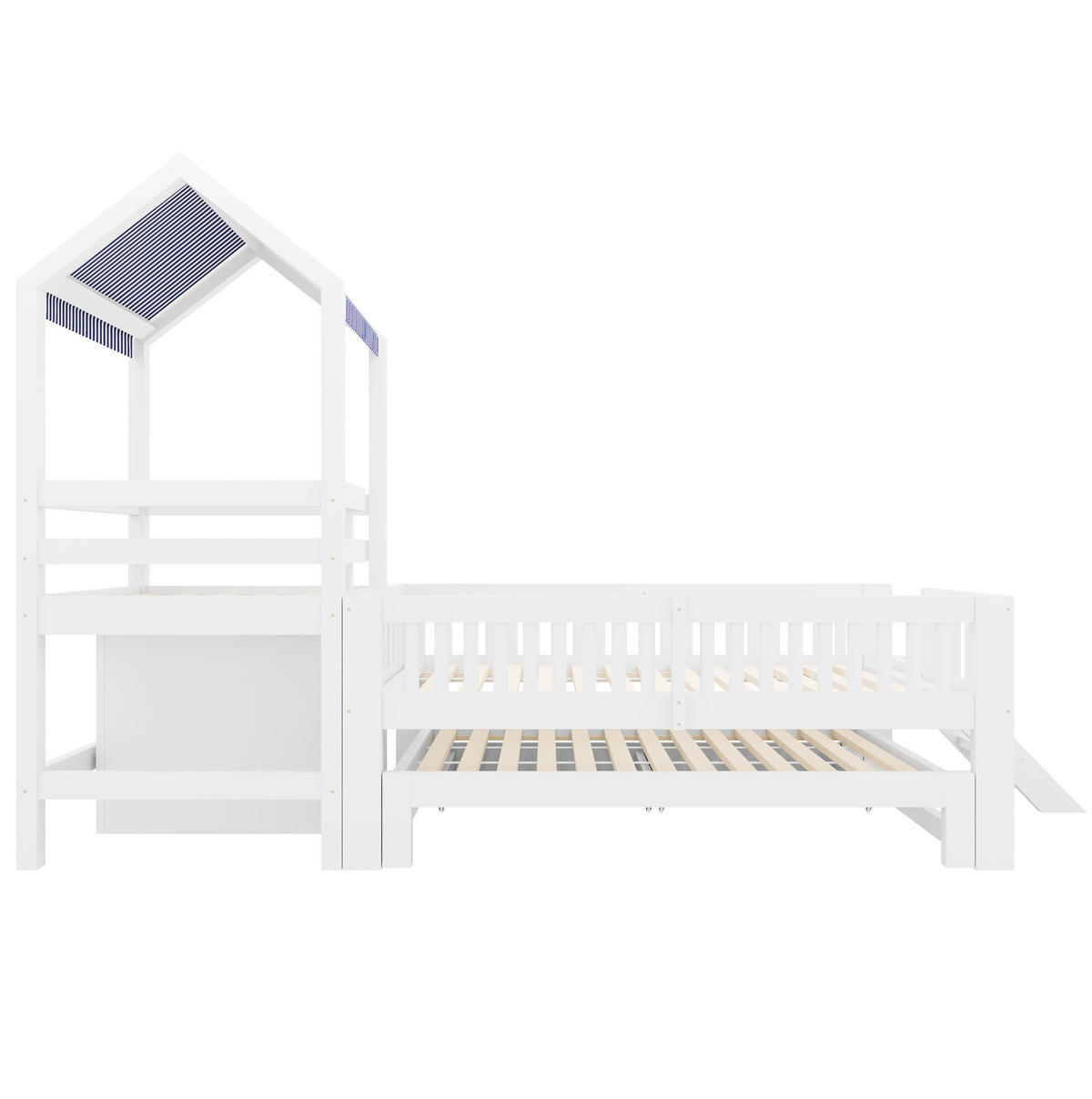 KINDERHAUSBETT 90x200 cm Weiß aus Massivholz mit Ausziehbett 90x190 cm, Treppe, Schubladen und Stoffdach - Weiß, Holz (90/200cm) - Modfu