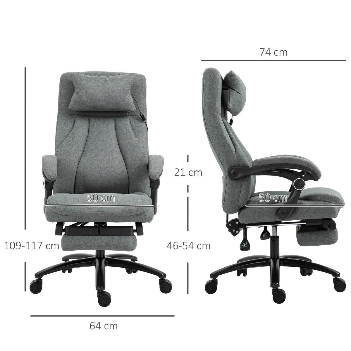 MASSAGEBÜROSTUHL Drehstuhl mit Fußstütze höhenverstellbar Leinen-Gefühl Grau - Grau, Kunststoff (74/117/64cm) - Vinsetto