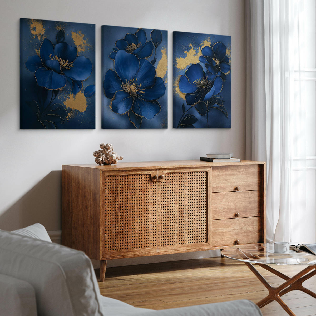 LEINWANDBILDER 3-es Set Glamour Blumen - Blau/Beige, Textil (90/40cm) - Muralo