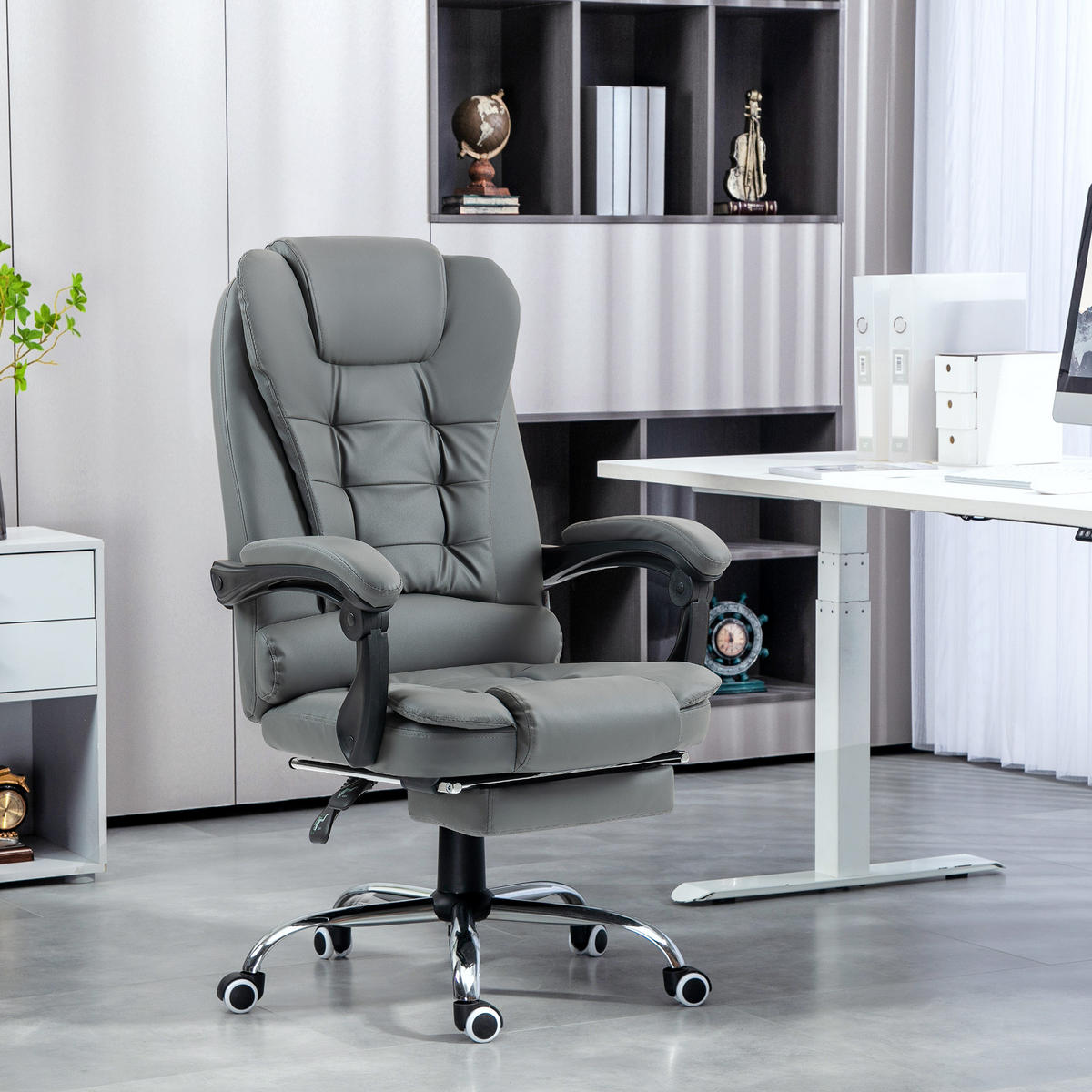 CHEFSESSEL Bürostuhl mit Fußstütze, Schreibtischstuhl mit Neigefunktion Grau - Grau, Kunststoff (69/117/64.5cm) - HOMCOM
