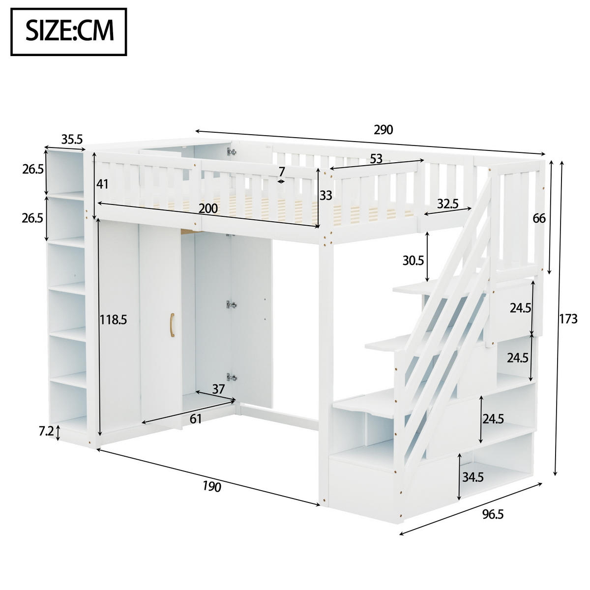 HOCHBETT 90/200 cm in Weiß mit Leiter, Kleiderschrank und Stauraum - Weiß, Holzwerkstoff (90/200cm) - BEAOK