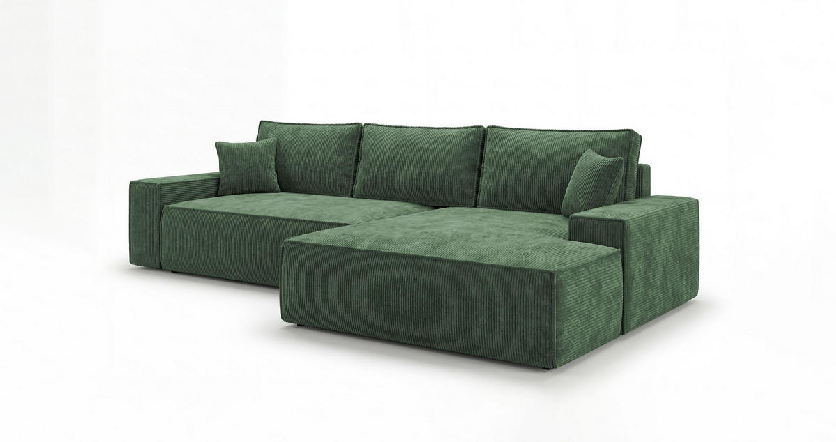 ROHOVÁ pohovka VERONA pravá zelená manšestr Poso 14 - funkce spaní, úložný prostor - zelená barva, textil (280/184cm) - Cornero
