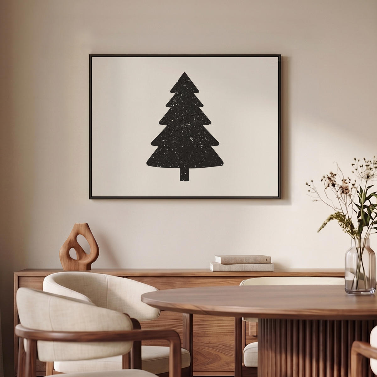 LEINWAND Bilder mit Rahmen - Weihnachtsbaum - Schwarz - Urlaub - Beige - 70x50 - Schwarz, Textil (70/50cm) - MuchoWow