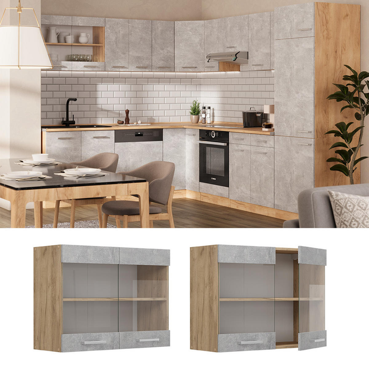 KÜCHENGLASHÄNGESCHRANK R-Line Beton 80 cm - Honigeiche/Schieferfarben, Holzwerkstoff (80/60/31cm) - Vicco