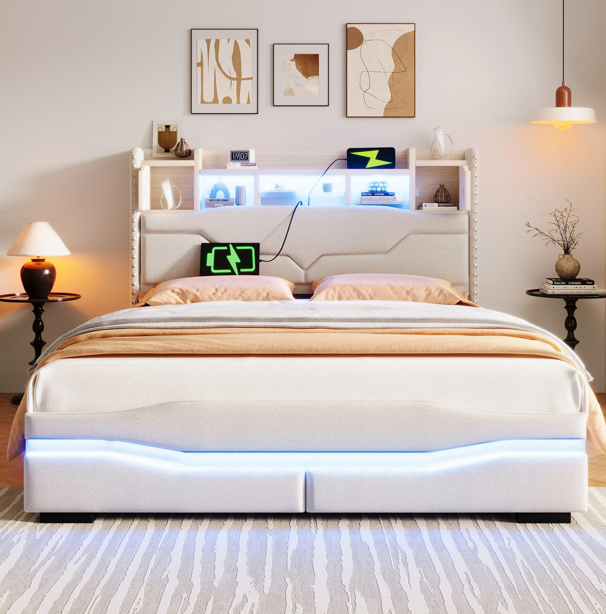 POLSTERBETT 140/200 cm mit Bettkasten, LED-Beleuchtung und gepolstertem Kopfteil - Beige, Textil (140/200cm) - BEAOK